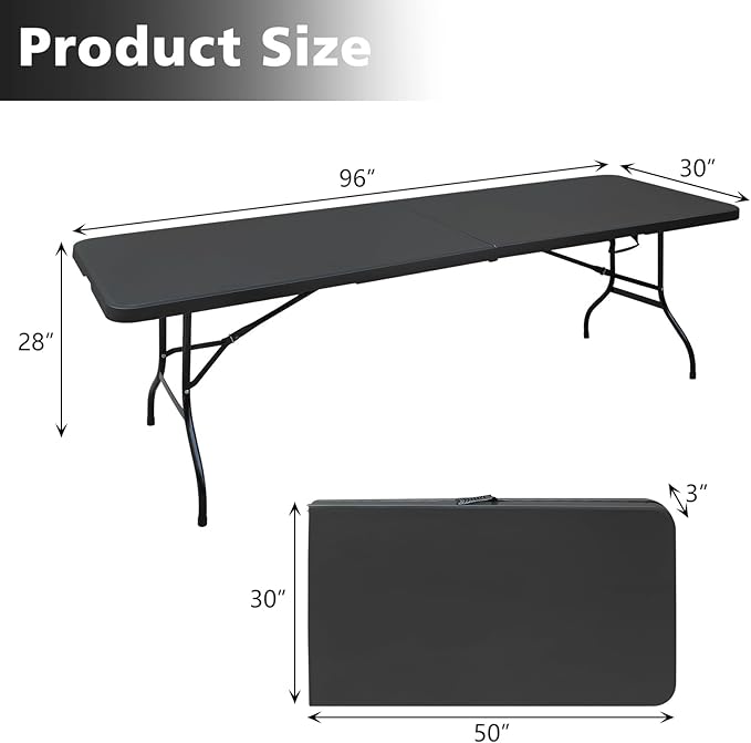 Portable 8Ft Plastic Folding Table, Heavy Duty 8ft Fold-in-Half Table with Carrying Handle, 8' Folding Utility Foldable Table for Picnic Party Camping Kitchen, Indoor/Outdoor (Black)