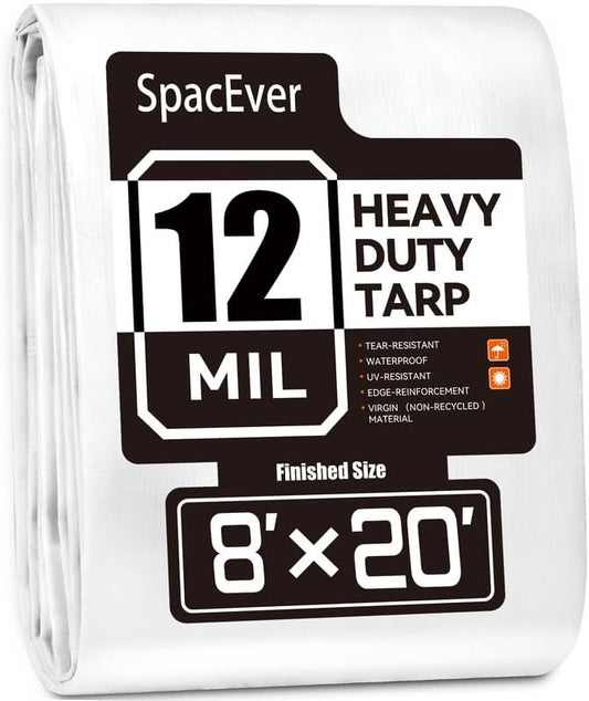 Tarp Heavy Duty 8x20 FT, 12 Mil Thick Large Tarps Water-Proof with Grommets, UV& Tear Resistant, Plastic Cover for Pool Roof Tent Outdoor Firewood, White