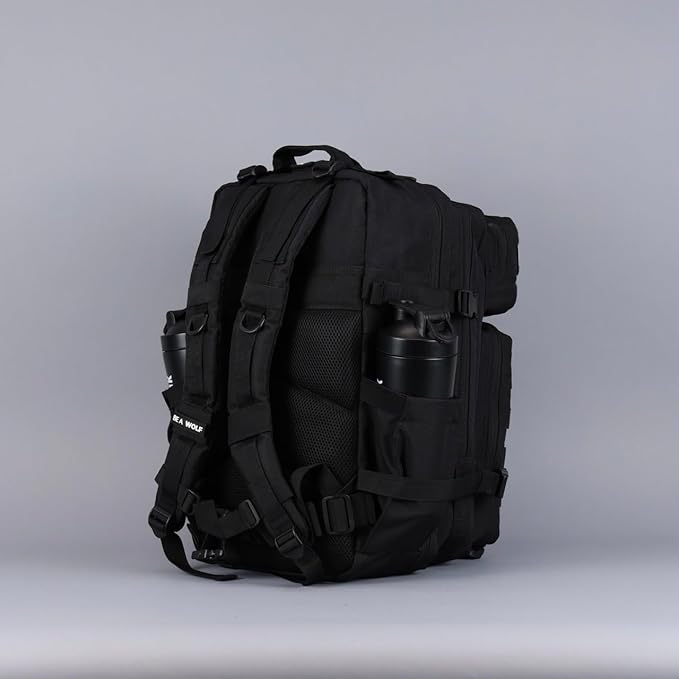 WOLFpak 45L Athletic Gym Backpack - Durable 1000D Waterproof Oxford Material with MOLLE Webbing, Laptop Pocket & Dual Cup Holders, Durable Fitness/Travel/Military Daypack (Alpha Black)