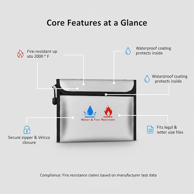 Fireproof Document Bag, Waterproof Storage Pouch with Zipper, 15 x 11 inches, Water and Fire Resistant Safe Envelope for Legal Documents, Valuables, Cash Storage, Black (Grey, Horizontal Style)
