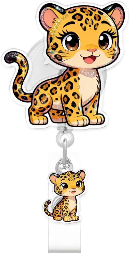 Cute Leopard Badge Reel for ID Card, Funny Leopard Retractable Nurse Alligator Clip Badge Reel for Women, ID Name Tag Badge Holder for Office School Hospital Nurses Doctors Teachers