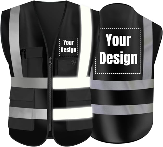 YOWESHOP High Visibility Safety Vest Custom Your Logo Protective Workwear 5 Pockets With Reflective Strips Outdoor Work Vest (Black (3XL))