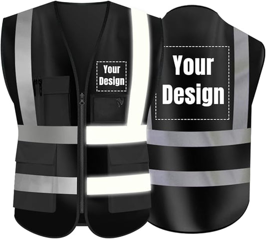 YOWESHOP High Visibility Safety Vest Custom Your Logo Protective Workwear 5 Pockets With Reflective Strips Outdoor Work Vest (Black (M))