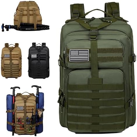 Military Tactical Backpack, Large Black MOLLE Assault Pack with American Flag Patch, 45L Waterproof Rucksack for Outdoor Hiking Camping (Green)