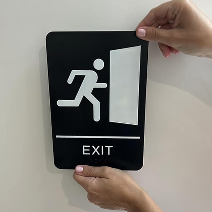 Exit Sign with Braille Grade II for Door & Wall - Comes With Graphical Symbols and Double Sided 3M Tape to Secure Ideally in Less Than a Minute - Size 9 x 6 Inch