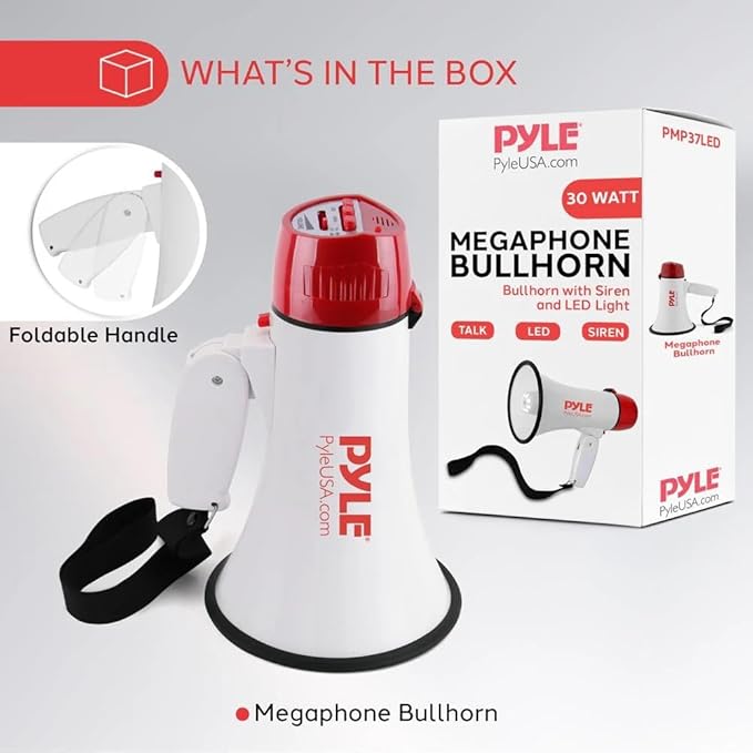 Pyle Megaphone Bull Horn Loud PA Speaker with 30W Power and Adjustable Volume Control, 800 Yard Range, Lightweight Portable Design, Ideal for Outdoor Sports, Cheerleading, and Coaches