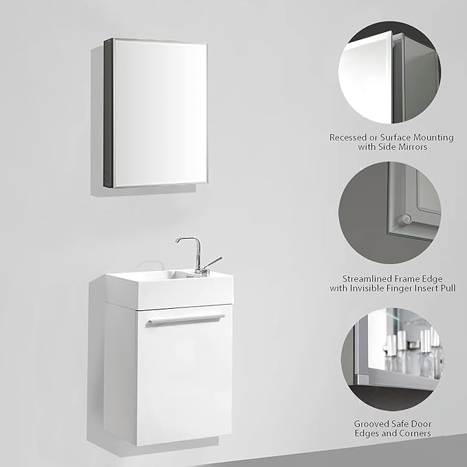Blossom 16x20 Inch Aluminum Medicine Cabinet with Mirror – Recessed or Surface Wall Mounted Bathroom Storage with Adjustable Glass Shelves, Soft Close Hinges, Rust-Resistant and Modern Mirrored Design