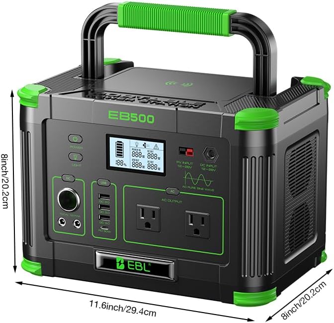Portable Power Station EBL 500W, 519Wh Solar Generator with 2 AC 110V Outlets, USB-C PD 60W Fast Charging, 10 Ports including Wireless Charger for Camping RV Emergency Off-Grid Living (Peak 1000W)