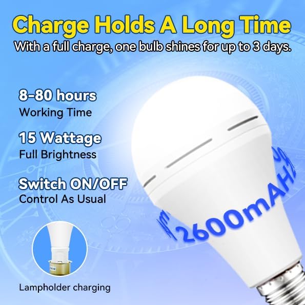 Neporal LITE PRO Rechargeable Light Bulbs, 2600mAh Large Battery Backup Light Bulbs, Perfect As Emergency Lights for Home Power Failure, Hurricane Prepareness Item, E26/E27