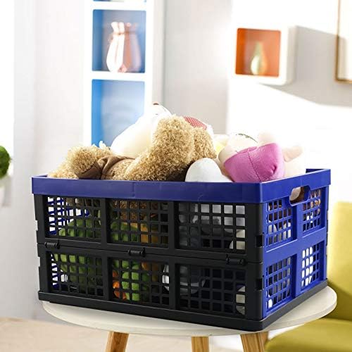 Hespapa 35 Quart Folding Crates, Blue Plastic Collapsible Storage Container Milk Crate Baskets, 2 Pack