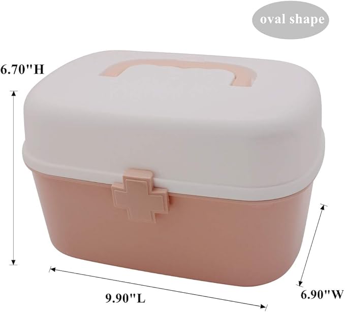BangQiao Plastic First Aid Storage Box Container Bin with Removable Tray and Portable Handle, Family Emergency Medicine Kit Case Organizer, White&Pink