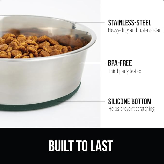 GORILLA GRIP Dog Bowls, Holds 1 Cup Each (8 fl oz), Heavy Duty Stainless Steel Food and Water Bowl for Feeding Dogs and Cats, Dishwasher Safe, Rust Resistant Metal BPA Free Rubber Base, Set of 2 Green