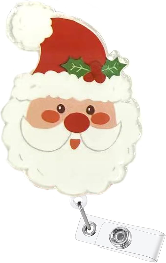 Holly Santa Claus Badge Reel Cute Christmas Nurse Badge Clip for Name Tag Accessories Xmas Badge Holder for Nursing Medical Worker Teacher |with Alligator Clip & 24” Durable Nylon Cord