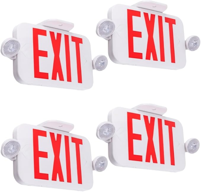 LIT-PaTH LED Combo EXIT Sign with 2 Adjustable Head Lights and Double Face, Back Up Batteries- US Standard Red Letter Emergency Exit Lighting, UL 924 and CEC Qualified, 120-277 Voltage, 4-Pack