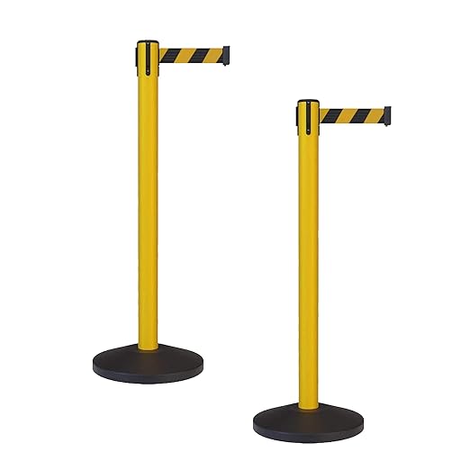 Crowd Control Warehouse - CCW Set of 2 Safety Retractable Belt Barrier Stanchion, Sloped Base, Yellow Post, RBB-100-7.5 ft Belt, Black and Yellow Diagonal Belt