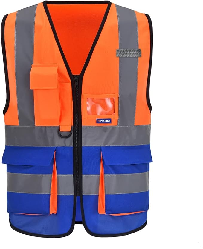 Orange Blue 6XL 7XL 8XL High Visibility REFLECTIVE Safety Vest with zipper Reflective Strips 7 Pockets