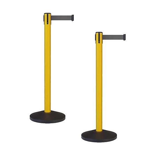 Crowd Control Warehouse - CCW Set of 2 Safety Retractable Belt Barrier Stanchion, Sloped Base, Yellow Post, RBB-100-9 ft Belt, Dark Grey Belt
