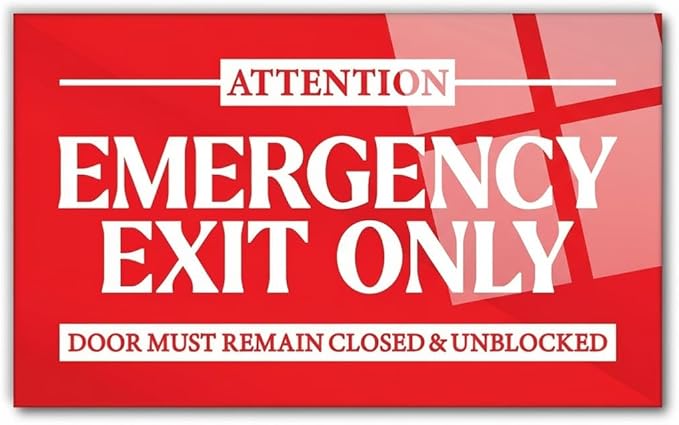 Premium Acrylic Emergency Exit Only Sign, Made in USA, 7.0x4.25 Emergency Exit Sign, Vibrant Red In Case of Fire Exit Signs for Business, Door Must Remain Closed & Unblocked Signs with Stickers