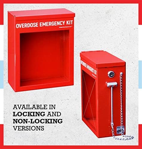 Overdose Emergency Kit Locking Cabinet & Sign Bundle - High Visibility, 22 Gauge Steel, Wall Mountable with Acrylic Window, Break Hammer & Lock/Key - Universal Capacity (Medication Not Included)