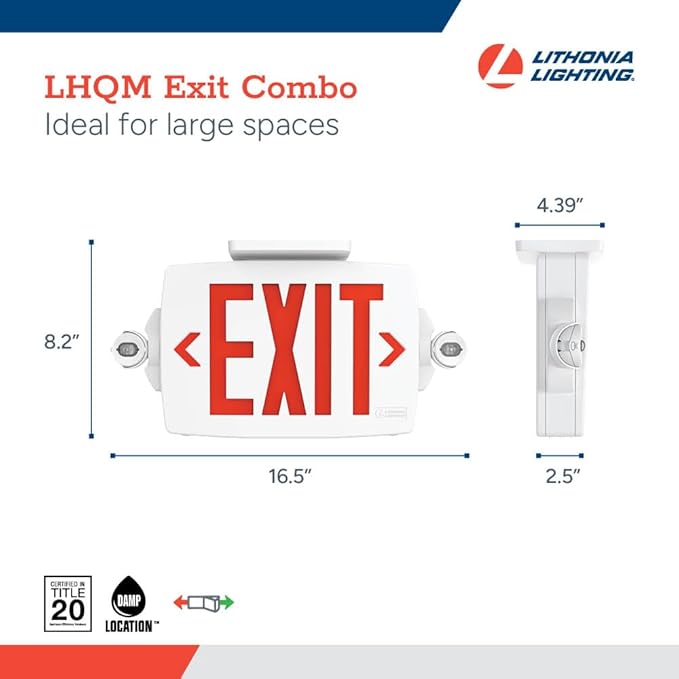 Lithonia Lighting Quantum LED Exit Sign Emergency Light Combo, Exit Sign and Emergency Lights, 2-Head Fixture, Red/Green Selectable Letters, High Output Battery, White (LHQM S W RG MVOLT HO M6)