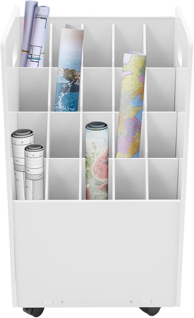 Blue Print Storage Organizer, 20 Slot Mobile Roll File Cart, Construction Plan Holders, Blueprint Cabinet with Wheels for Office Home Library