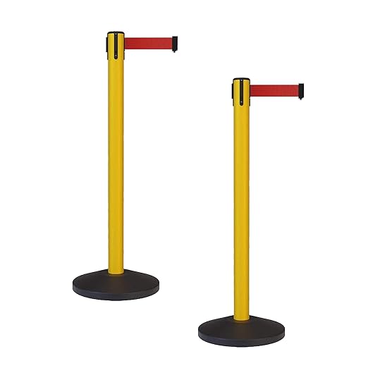 Crowd Control Warehouse - CCW Set of 2 Safety Retractable Belt Barrier Stanchion, Sloped Base, Yellow Post, RBB-100-9 ft Belt, Red Belt