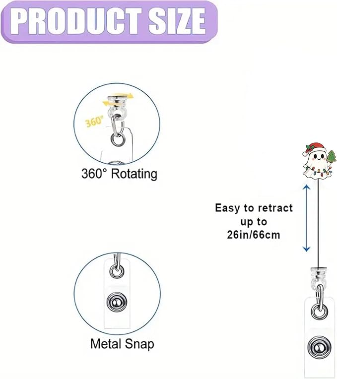Cute Christmas Colored Lights Ghost Badge Reel Winter Holly Nurse Nursing Badge Clip with Retractable & Rotate Alligator Clip Christmas Badge Holder for RN CNA LPN Medical Worker