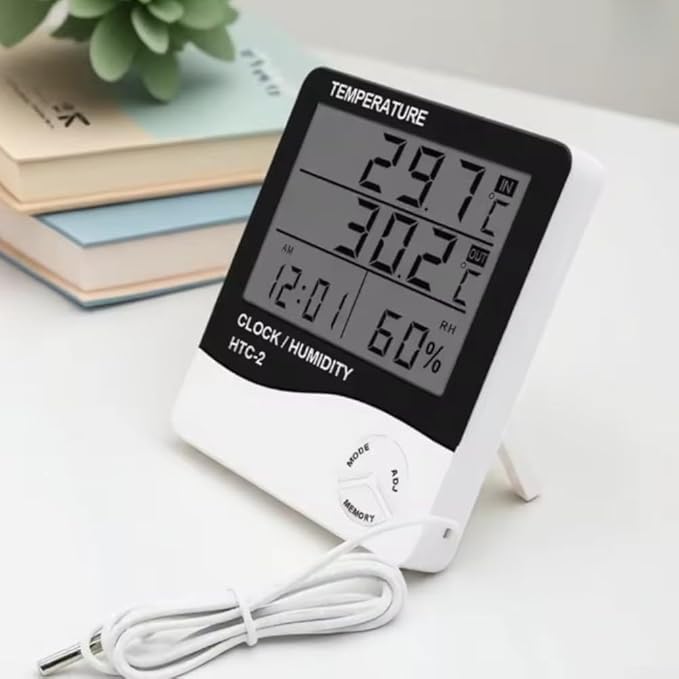 Digital Temperature and Humidity Monitor with Large LCD Display Indoor Outdoor Thermohygrometer Clock and Calendar for Home Office Garden Warehouse