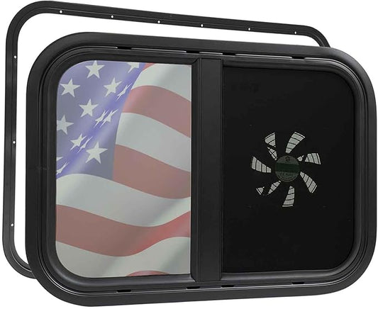 20"x14" RV Window with 12V Electric Fan - Horizontal Sliding Design, DOT Certified Tempered Glass, Aluminum Frame & Trim Kit