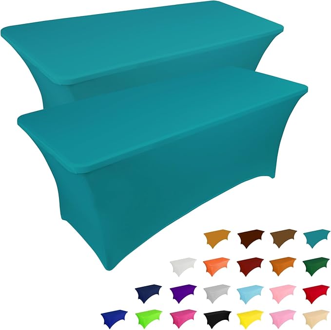IVAPUPU 2 Pack 4FT Table Cloth for Rectangular Fitted Events Stretch Lake Blue Table Covers Washable Cover Spandex Tablecloth Protector for Party, Wedding, Cocktail, Banquet, Festival