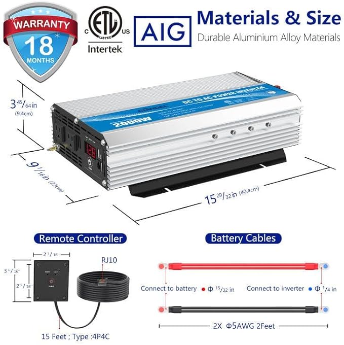 GIANDEL 2000Watt Power Inverter 12V DC to 110V 120V AC ETL Listed UL458 STD 2000W Inverter with 15 FT Wired Remote LED Display Dual Outlets for RVs Off Grid Solar Setup Truck Boat Marine