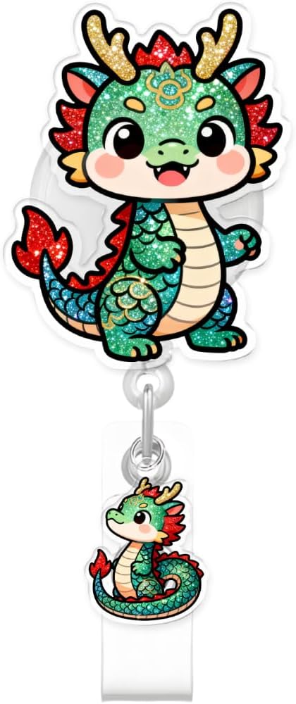 Cute Dragon Badge Reel, RN Badge Buddy, Funny Dragon ID Work Badge Holder with Retractable Alligator Clip Accessories for LPN CNA MA Nurse Doctor Nursing Student Teacher, and Medical Workers
