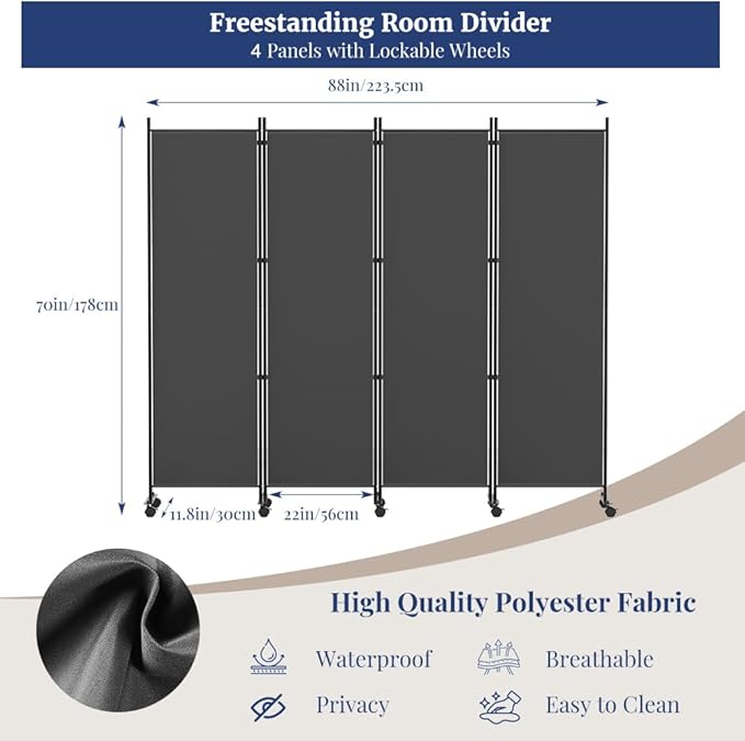 Kokorona 4 Panel Room Divider, 6FT Tall Rolling Privacy Screen with Lockable Wheels, Folding Wall Dividers Portable Room Divider for Room Separation, Included - Cover Strips, Grey, 88''W x 70''H