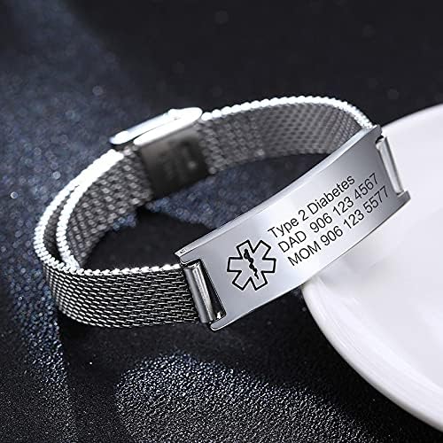 VNOX Medical Alert Bracelets for Men & Women Kids with Free Engraving Adjustable Stainless Steel Mesh Emergency Medical ID Bracelets Wristband