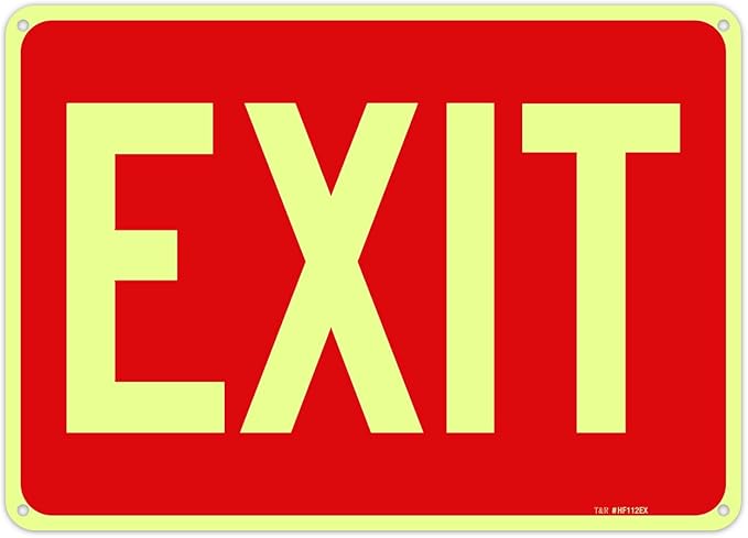 T&R Large Exit Sign - 14 x 10 Inches Rust Free .040 Aluminum Glow-In-The-Dark - UV Protected, Waterproof and Fade Resistant - 4 Pre-drilled Holes