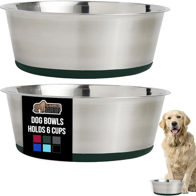 GORILLA GRIP Set of 2 Dog Bowls, Holds 6 Cups (48 fl oz), Heavy Duty Metal Food and Water Bowl for Feeding Dogs and Cats, Dishwasher Safe, Rust Resistant Stainless Steel, BPA Free Rubber Base, Green