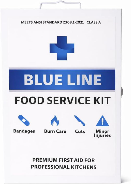 Blue Line Food Service First Aid Kit – ANSI Z308.1-2021 Class A, Commercial Kitchen Safety Kit with Blue Bandages, Burn Care, Eye Wash & CPR Shield