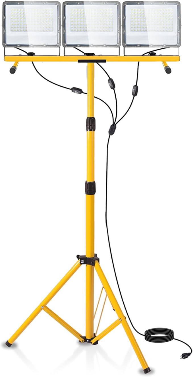 45000 Lumen LED Work Light with Stand, 3-Head Adjustable Lights with 16.5FT Extended Cord, IP65 Waterproof Work Lamp for Indoor & Outdoor Job Sites, Workshops, Construction, Garage Lighting