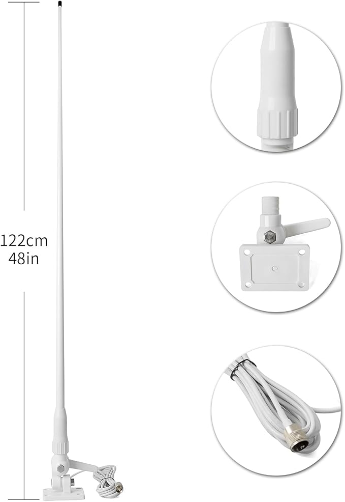 VHF Marine Antenna,43.3inch Fiberglass Antenna with 22.9ft RG-58 Cable/Ratchet Mount,for Uniden Standard Horizon Cobra Marine Radio