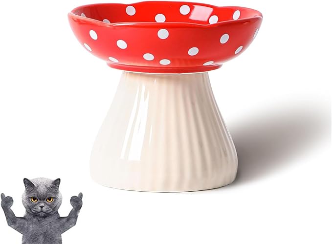 Mushroom Cat Bowl, Elevated Cat Food Bowl, Cute Bowls - Lead & Cadmium Free Ceramic, Red