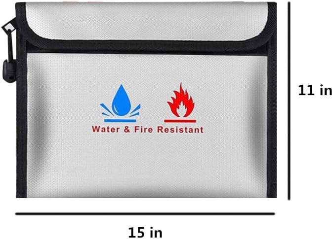 Fireproof Document Bag, Waterproof Storage Pouch with Zipper, 15 x 11 inches, Water and Fire Resistant Safe Envelope for Legal Documents, Valuables, Cash Storage, Black (Grey, Horizontal Style)