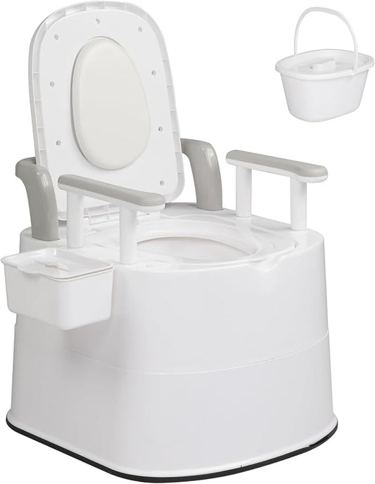VINGLI Larger Portable Toilet for Adults Camping, Commode Back & Handrail Design, Indoor Outdoor Commode with Inner Bucket for for Adult, RV, Boat, Van, Travel, Emergency Use