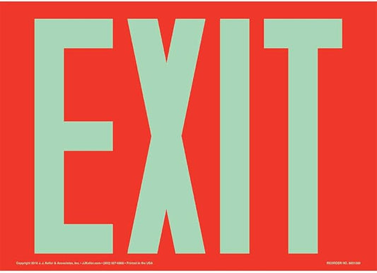 Glow in the Dark Exit Sign, 2 Pack 14" x 10" Permanent Self Adhesive Vinyl, OSHA, NFPA, IFC, ASTM, DIN, ISO, IMO RES, PSPA Compliant, J. J. Keller & Associates, Inc.