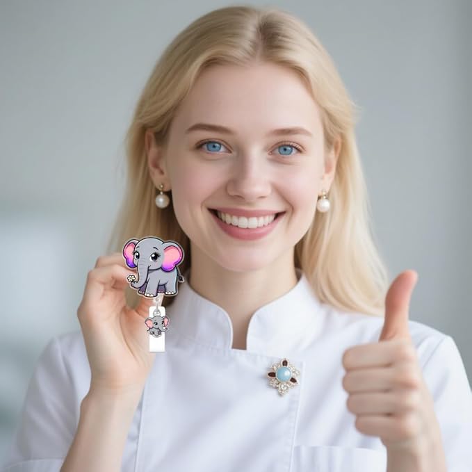 Cute Elephant Badge Reel for ID Card, Funny Flower Elephant Retractable Nurse Alligator Clip Badge Reel for Women, ID Name Tag Badge Holder for Office School Hospital Nurses Doctors Teachers