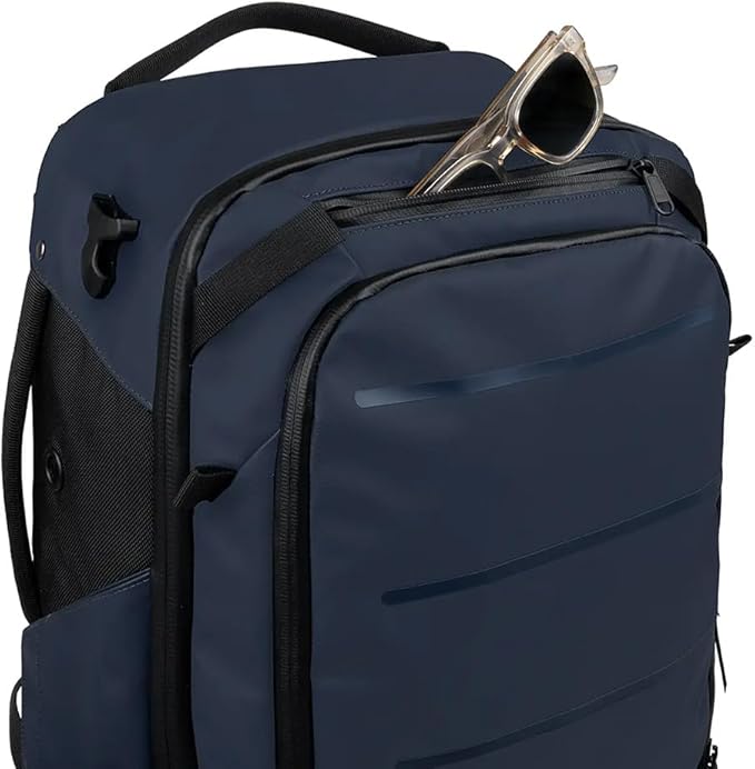 Käydä 36L Travel Backpack - Spacious Carry On Backpack with Detachable Travel Pouch, Magnetic Water Bottle Pocket, Passport and Laptop Pocket - Convertible Boot Bag for Snow Sports (Steel Blue)