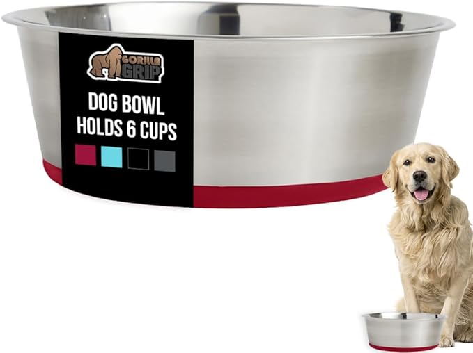 GORILLA GRIP Set of 2 Dog Bowls, Holds 6 Cups (48 fl oz), Heavy Duty Metal Food and Water Bowl for Feeding Dogs and Cats, Dishwasher Safe, Rust Resistant Stainless Steel, BPA Free Rubber Base, Red
