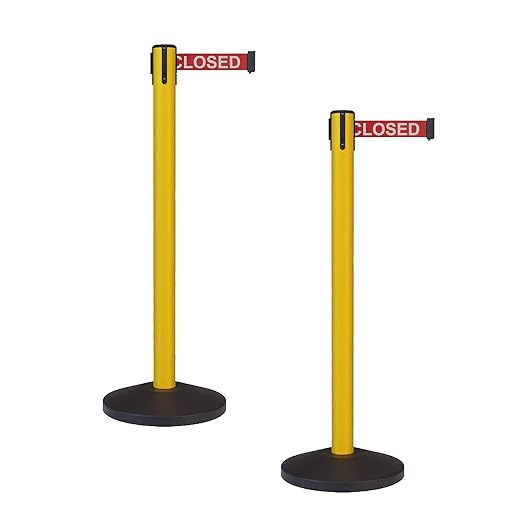 Crowd Control Warehouse - CCW Set of 2 Safety Retractable Belt Barrier Stanchion, Sloped Base, Yellow Post, RBB-100-7.5 ft Belt, Red with"This LINE is Closed" White Letters Belt