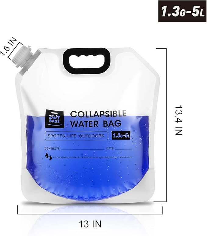 4 Pack Collapsible Water Container Bag 1.3 Gallon/5 Liter, Heavy Duty with Carry Handles, Hikes, Trips, Weather Emergencies, and More, Foldable Water Bag