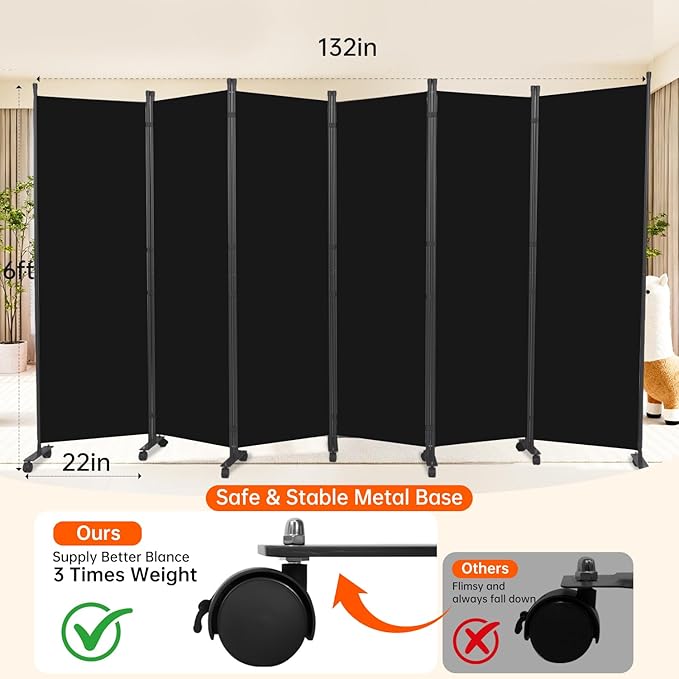 Room Divider 132''W Wall Divider for Room Partition (Heavy Duty Base) 6 Panel Partition Room Dividers, Freestanding Room Divider Screen Separation W/Wheel Folding Privacy Screen Panel Space Separator