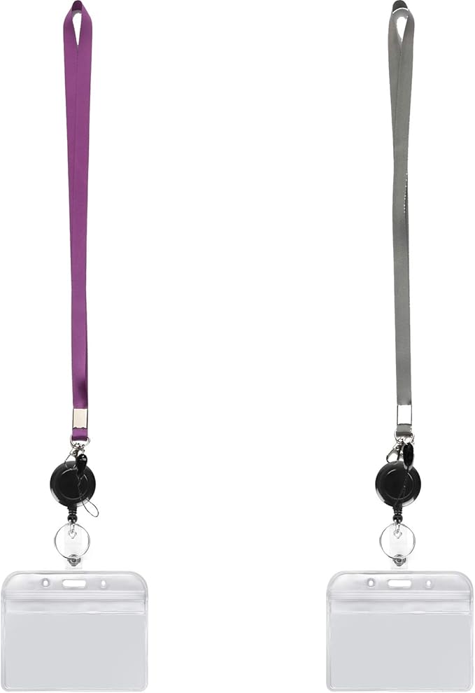 YOUOWO 2 Pack Lanyard with ID Badge Holders Horizontal and Retractable Badge Reel,Purple Grey Office Neck Lanyards with id Card Holder Punched Zipper Waterproof Resealable